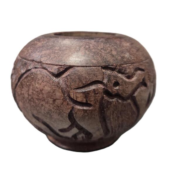 Vintage Charming Small Hand-Carved Wooden Bowl w/Elephants Decorative Dish - Picture 2 of 7